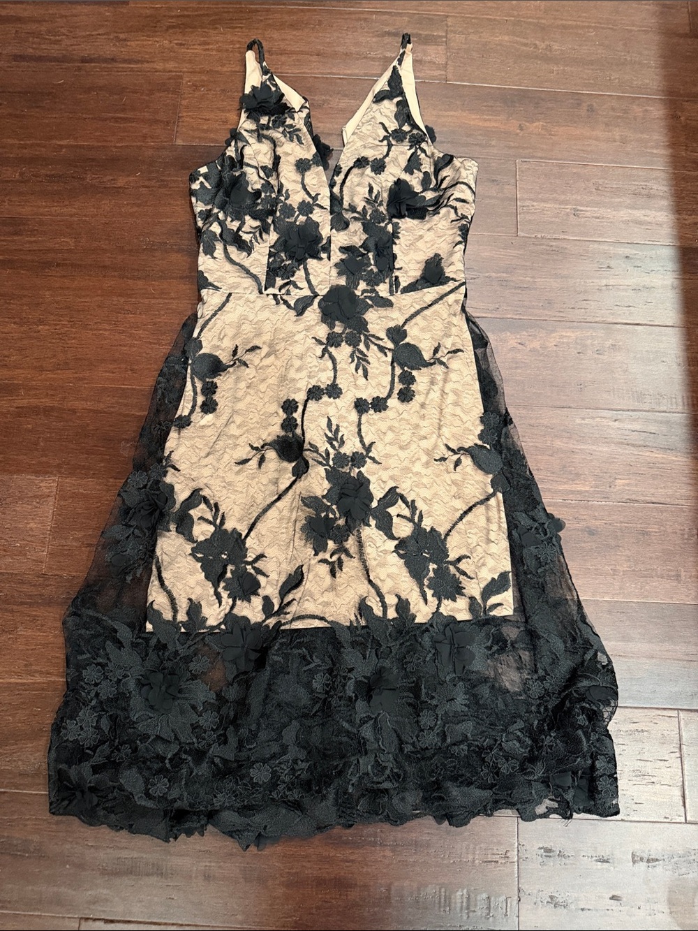 Dress the Population Black Floral Lace Overlay Midi Dress on Nude